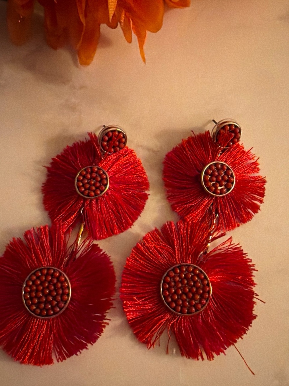 Vibrant Red Fringe Drop Earrings - Triple Tassel Design